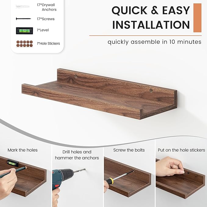 Floating Picture Ledge Shelves for Wall Set of 8, 16 Inch Wall Shelves with Lip Long Large Nursery Book Shelf for Toys Storage Kids Bookshelf Wall Mounted Living Room Bedroom Decor Frames