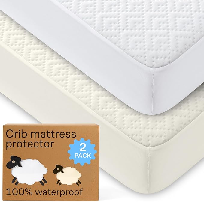 Niagara Crib 2 Pack 100% Waterproof Mattress Protector, Soft Breathable Crib Mattress Protector with Deep Pocket, Mattress Pad for Toddler and Baby (52x28, White, Beige) - Viscose Made from Bamboo