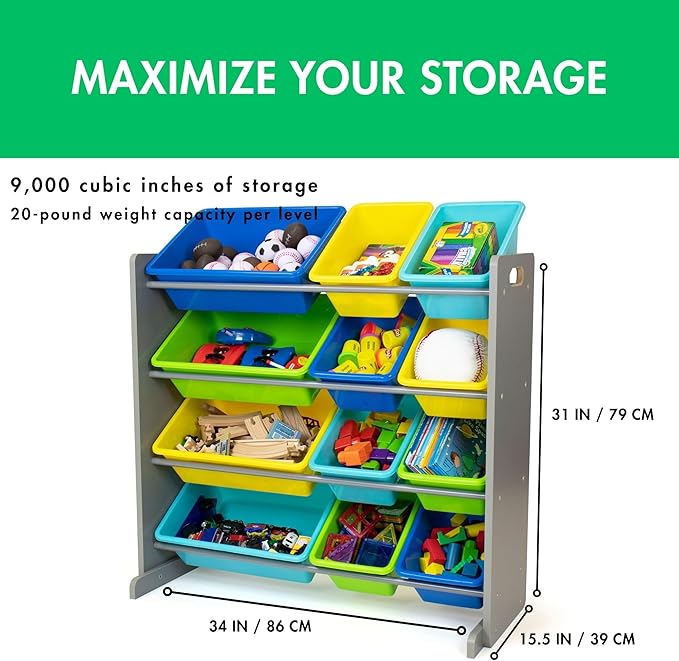 Humble Crew Kids Toy Storage Organizer with 12 Plastic Bins, Grey/Blue/Green/Yellow – Removable Bins for Playroom, Bedroom, Toddler Furniture for Boys and Girls Ages