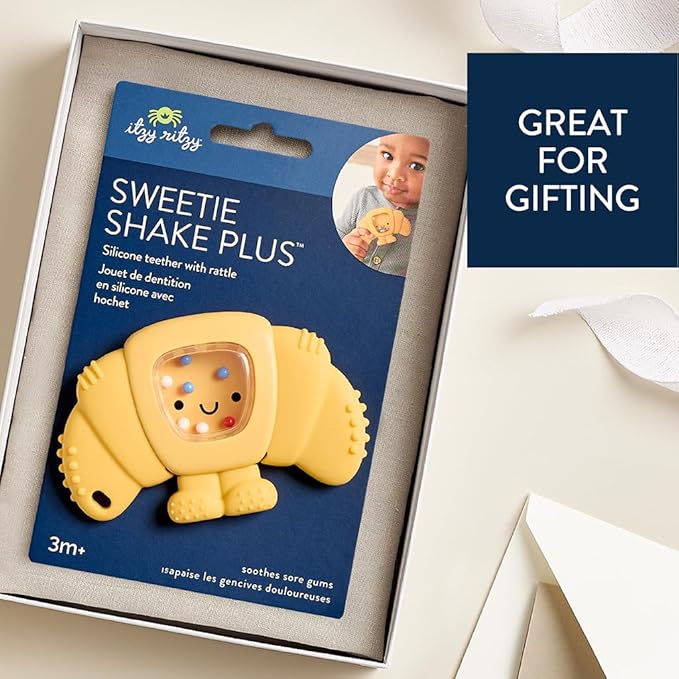 Itzy Ritzy Silicone Rattle Teether– BPA-Free Silicone Teether with Rattle for Babies & Toddlers – Features a Gentle Rattle Sound, Colorful Beads & Multiple Textures (Croissant)