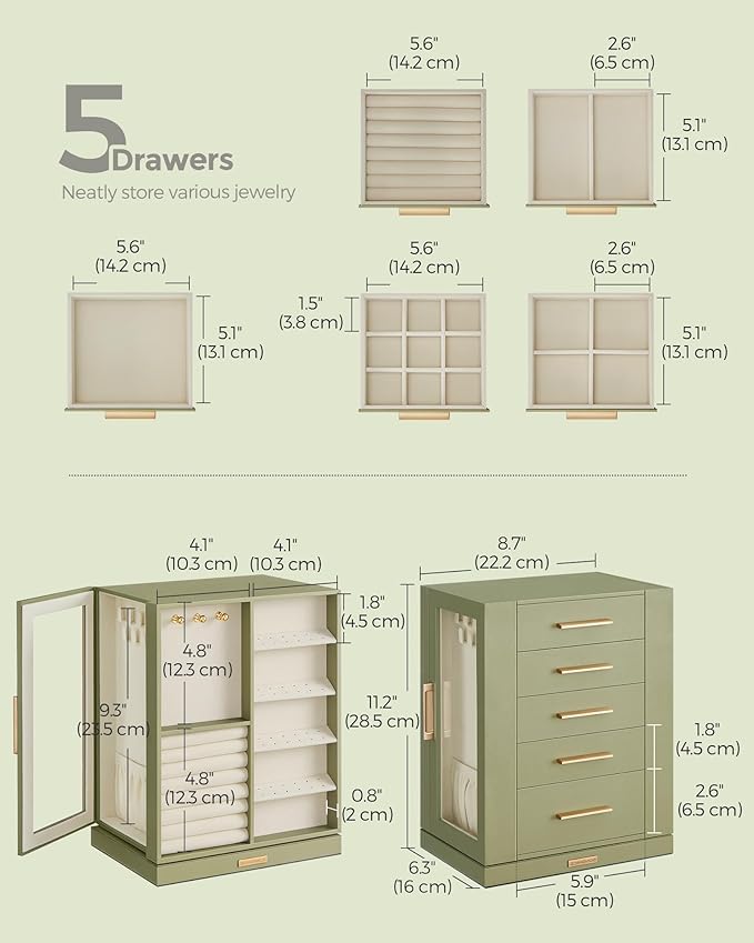 SONGMICS Jewelry Box 360° Rotating, Jewelry Storage Case with 5 Drawers, Jewelry Organizer, Glass Window, Spacious, Vertical Jewelry Storage, Open Design, Great Gift, Laurel Green UJBC170C02