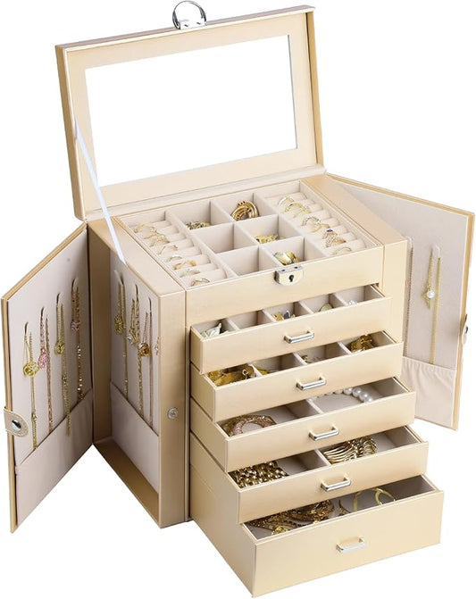 BOOVO Jewelry Box For women, 6 Layer Large Jewelry Organizer With Mirror, Multi-Function Storage Box With Lock, Accessory Holder With 5 Drawers, For Earrings Necklace Ring Bracelet (Pale gold)