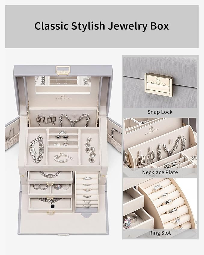 Vlando Jewelry Box Organizer for Girls Women, Large Baroque Jewelry Holder Organizer with Mirror, 3 Drawers for Bracelets, Earrings, Rings, Necklaces, Mothers Day Gifts for Loved One, Grey