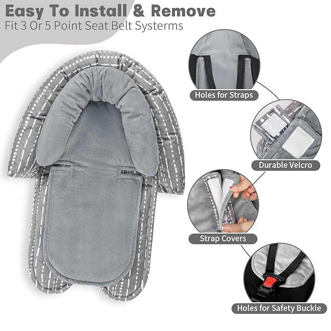 Infant Car Seat Insert, Baby Car Seat Head & Body Support with 2 Strap Pads, Ultra Soft Newborn Preemie Carseat Insert Cushion for Girls Boys, Fits Car Seat, Stroller, Swing, Bouncer, Grey