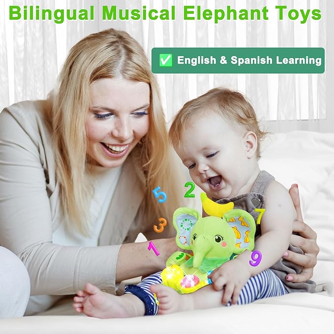 Baby Elephant Musical Stuffed Animals Toy with Light-Up Music & Crinkle Sound Paper,Infant Bilingual Early Learning Education Toys,Tummy Time Toys for 0-3-6-12+ Months Boy Girl, Green