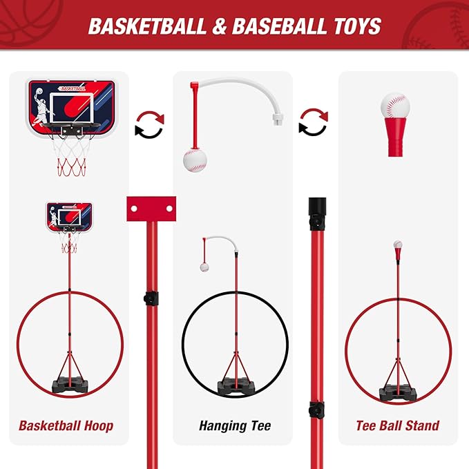 4 in 1 Kids Basketball Hoop and Tball Set for Toddlers 3-5, Adjustable Hanging Tee Ball Stand with Automatic Baseball Pitching Machine, Indoor Outdoor Sport Toys Birthday Gifts for Boys Girls