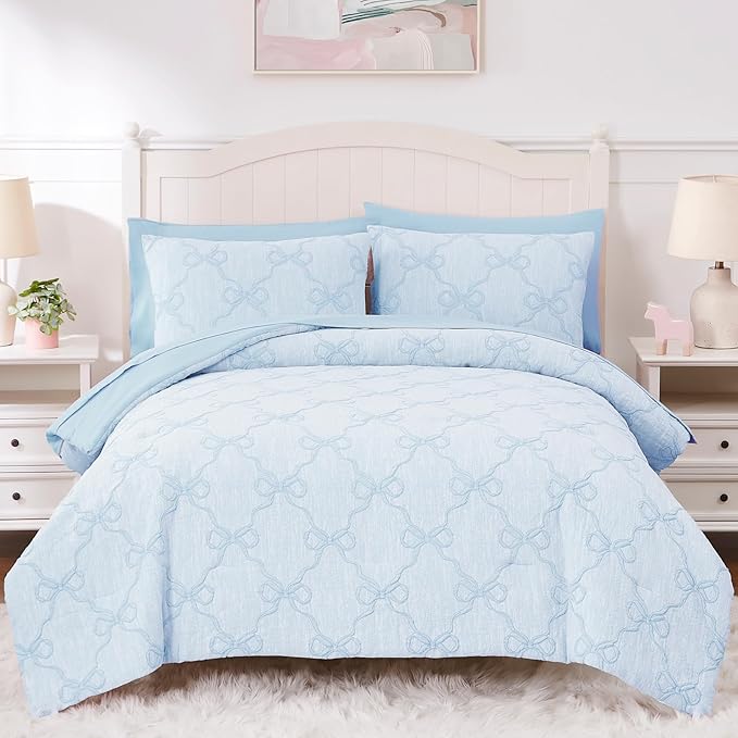Twin Comforter Set with Sheets for Girls-5 Pieces Twin Bedding Sets with Light Blue Comforter, Sheets, Pillowcase & Sham for Kids (Light Blue Diamond, 66" X 86")