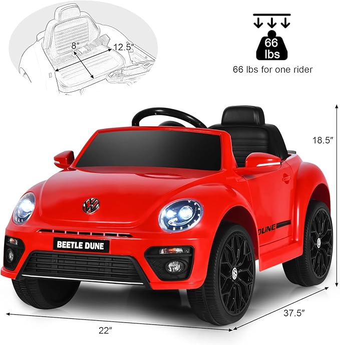 Costzon Ride on Car, 12V Licensed Volkswagen Beetle Battery Powered Vehicle w/Remote Control, Spring Suspension, Lights, USB, Horn, Music, 4 Wheeler for Boy Girl Gift, Electric Car for Kids (Red)