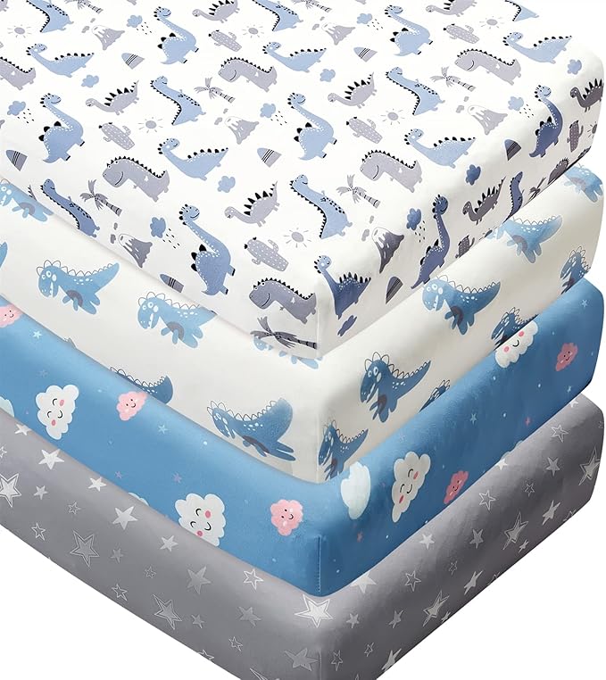 4 Pack Soft Baby Boy Crib Sheets for Standard Crib Mattress Dinosaur Star Cloud Soft Polyester Neutral Unisex Fitted Crib Sheets Set for Baby Boys