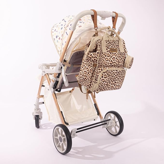 Wrangler Leopard Print Backpack Multifunction Baby Travel Bag with Changing Pad, Stroller Straps and Pacifier Case WG2204-91103LP-BR