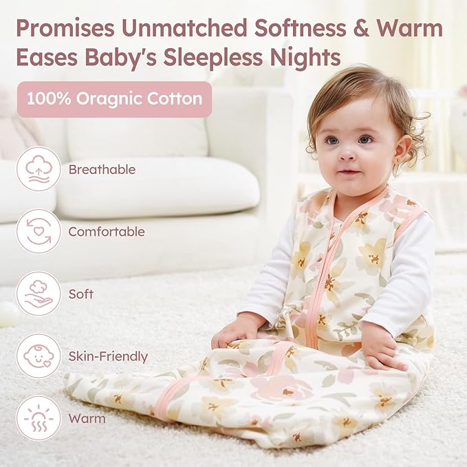 Baby Sleep Sack 12-18 Months 3 Pack 100% Cotton Lightweight 0.5 TOG Wearable Blanket Baby Sleep Bag with 2-Way Zipper for Newborn Infant Pink Flowers & Leaf