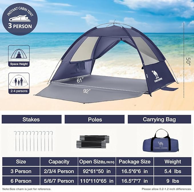 CAMEL CROWN Beach Tent UPF 50+ Sun Shelter for 2/3/5/6 Person, Lightweight Portable Sun Shade with Sand Anchor, Family Beach Day & Outdoor Adventures