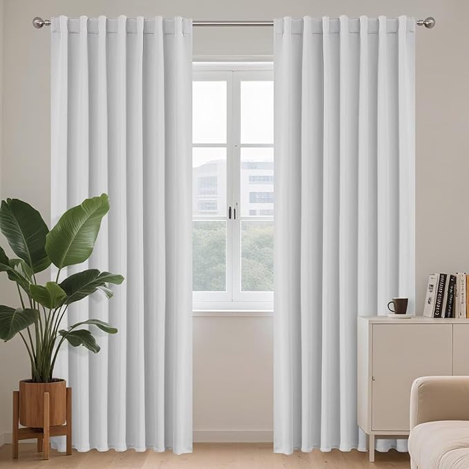 Joydeco 96 Inch 60% Blackout White Curtains 2 Panels,Elegant Soft Sheer Curtains for Bedroom,Thermal Insulated Black Out Drapes for Living Room,Rod Pocket Back Tab Drapes(W37 x L96 Inch,Greyish White)