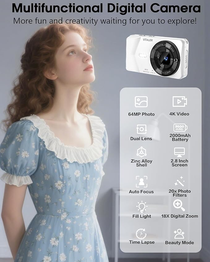 Digital Camera, Autofocus 48MP 4K Camera for Photography with 32GB Card, Portable Compact Point and Shoot Digital Camera for Teens Adult Beginner Kids with Metal Shell, 2000 mAh Battery
