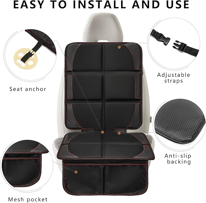 Car Seat Protector 2 Pack Baby Car Seat Covers with Mesh Pockets & Non-Slip Backing 600D Durable Seat Protector Under Baby Car Seat (Black & Red, Large)