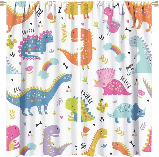 Cartoon Dinosaur Curtains for Kids Boys Girls Home Decor Childish Cute Dino Animals Print Pattern Rod Pocket Blackout Window Drapes for Nursery Baby Bedroom Playroom W21xL45in 2 Panels