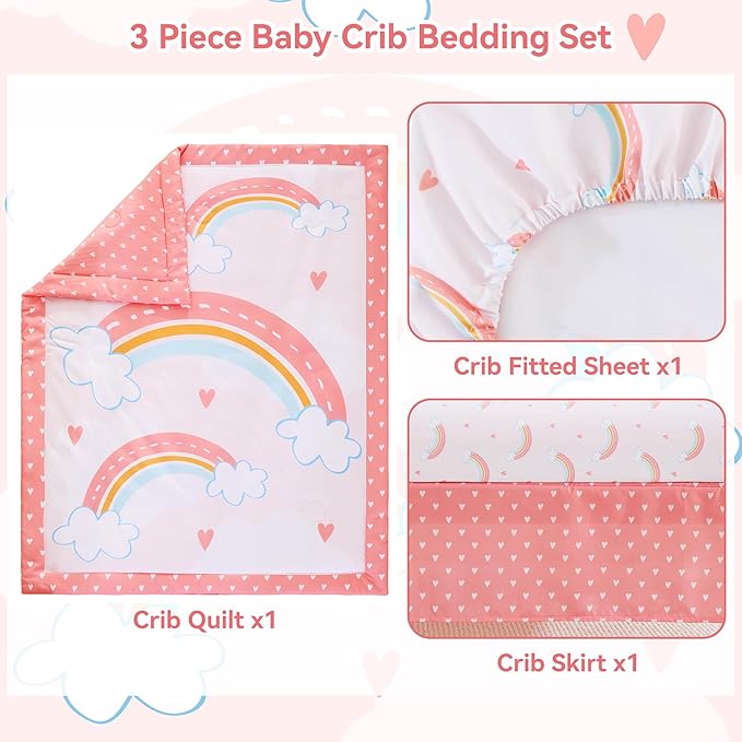 Viviland 3 Pieces Baby Bedding Set for Boy Girls, Baby Bedding Set for Newborn, Infant & Toddler - Rainbow