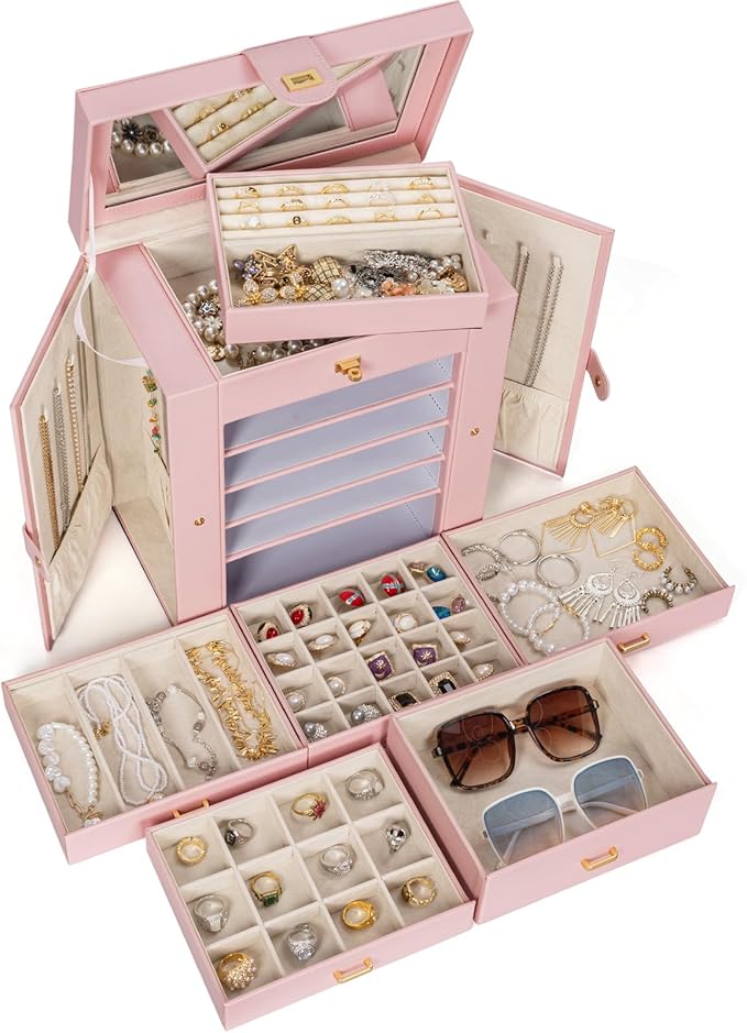 AKOZLIN Huge Jewelry Box Organizer Functional Extra Large Leather Jewelry Storage Case for Women Girls Ring Necklace Earring Bracelet Holder Organizer with Mirror