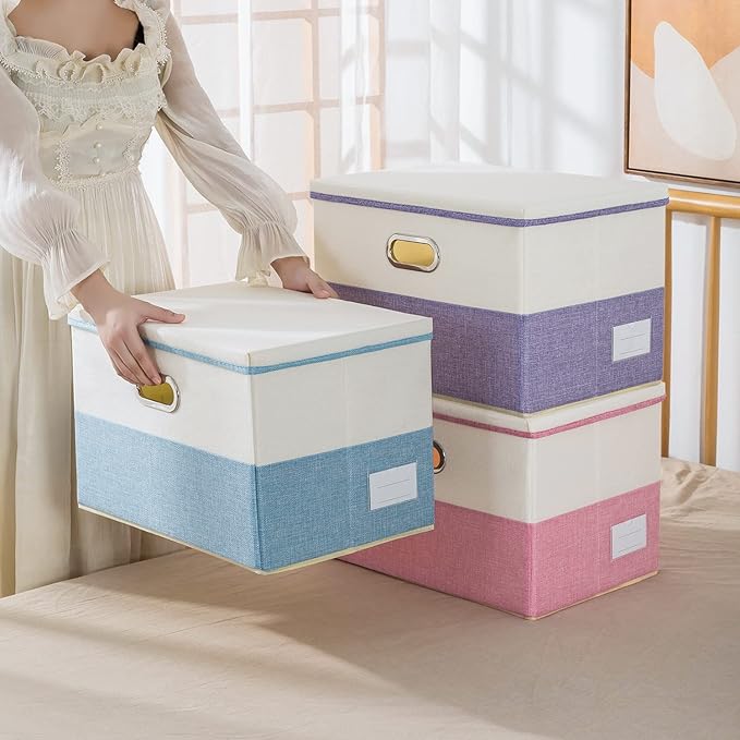 PRANDOM Large Foldable Storage Boxes with Lids [3-Pack] Fabric Collapsible Storage Bins Organizer Containers Baskets Cube with Cover for Home Bedroom Closet Office Nursery Blue&Cream(17.7x11.8x11.8)