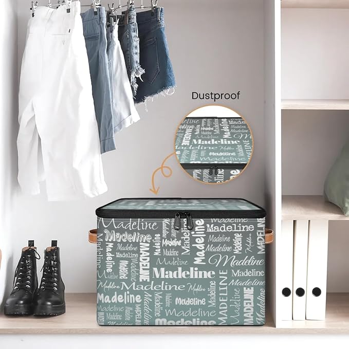 Custom Storage Basket with Name, Personalized Storage Bins with Zipper Lid, Foldable Fabric Storage Box Large capacity with Handle Gradient Grey Green