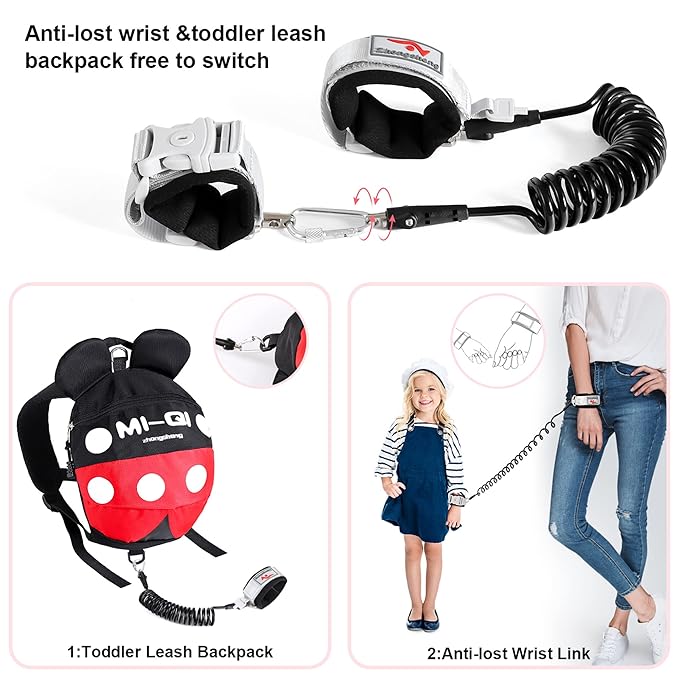 CZSYZCZS Toddlers Leash + Anti Lost Wrist Link Child Kids Safety Harness Kids Walking Wristband Assistant Strap Belt (black red)