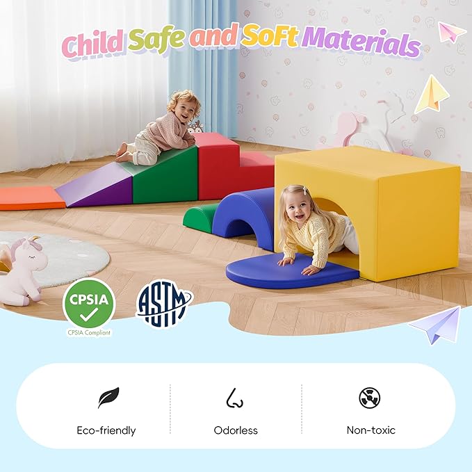 ‌Soft Climbing Toys for Toddlers, 7-Piece Baby Soft Foam Climbing Blocks, PU Leather Gym Climb and Crawl Activity Play Set, Indoor Climbing Toys for Kids and Children, Classic