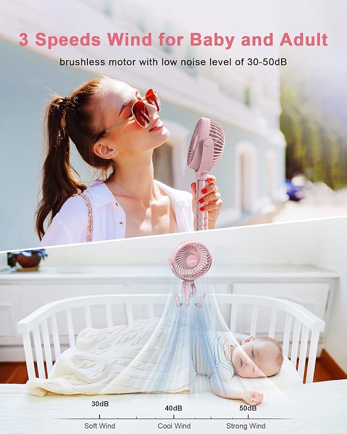 Stroller Fan Clip on for Baby, 4000mAh Rechargeable Battery Operated, Flexible Tripod, 3 Wind Speed, 360° Rotatable, Small Portable Fan for Car Seat Crib Backseat Beach Travel Camping, Pink