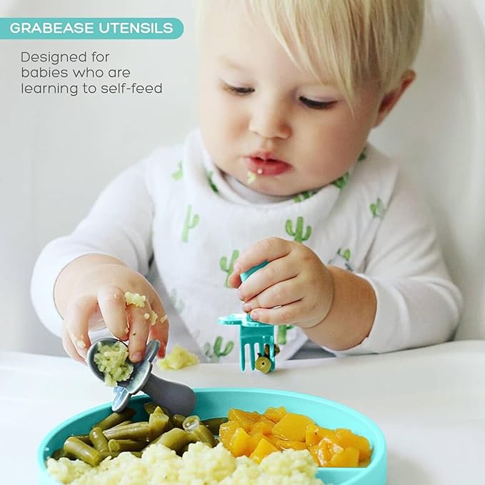 Grabease Baby Spoons and Forks Utensils for Toddlers Infants BPA-Free & Phthalate-Free Baby Silverware, 2 Sets, Teal and Gray - Infant Spoon - Toddler Fork