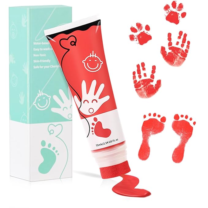 Sortnic 75ml Red Baby Hand and Footprint Ink Kit, Baby Handprint Footprint Paint for Newborn Keepsake, Dog Cat Paw Print Kit, Washable, Non Toxic Acid-Free, Safe Gentle for Ideal New Mom Gifts