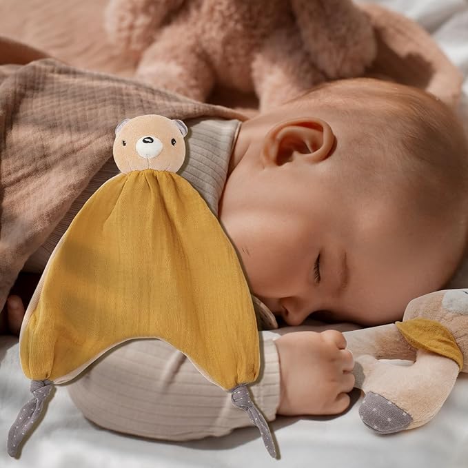 Organic Cotton Stuffed Animal Rattle Baby Toys, Plush Bear Cuddle Cloth and Hand Grip Ring Rattles Plush Toy Set for Newborns Infant Boys Girls, 2 PCS