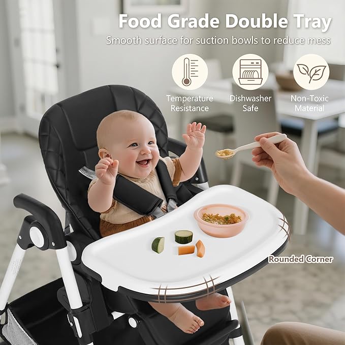 Kinder King Convertible Baby High Chair, Adjustable Feeding Chair for Babies and Toddlers with Removable Double Tray, Simple Compact Fold for Space-Saving, 2 Built-in Wheels, Easy to Clean, Black