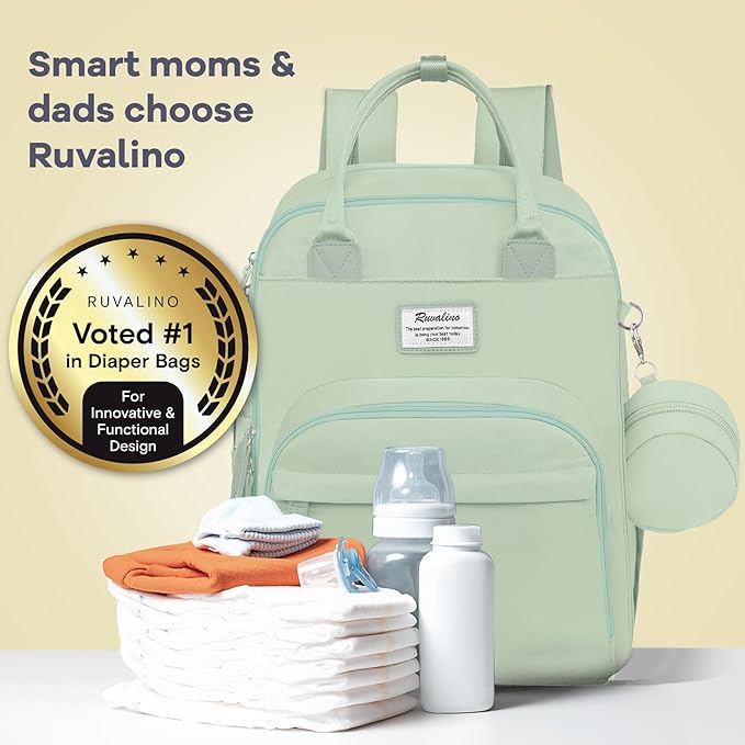 RUVALINO Diaper Bag Backpack-Multifunction Baby Travel Bag with Changing pad, Insulated Bottle Holders & Pacifier Case, Large Capacity, Waterproof, Mint Green