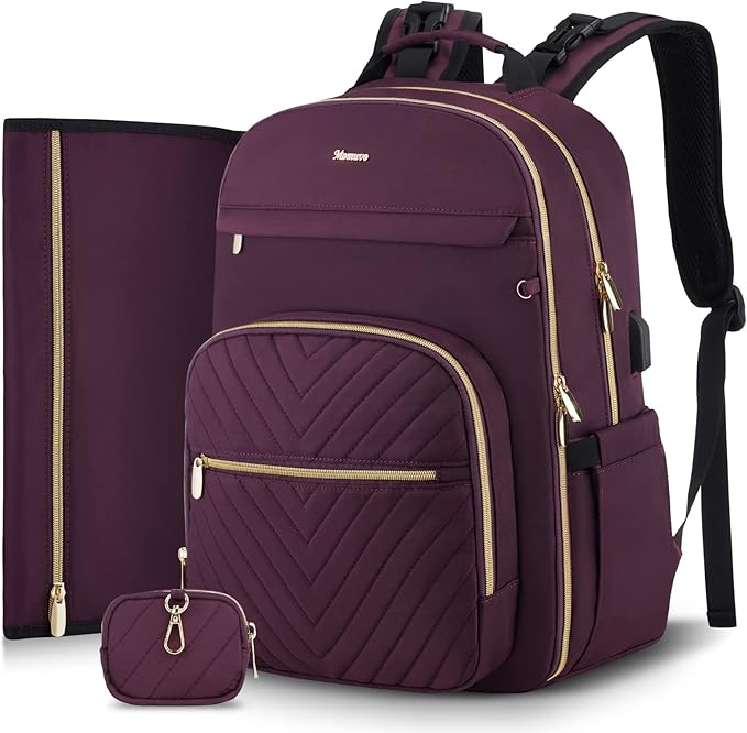 MOMUVO Diaper Bag Backpack, Quilted Baby Bag with Changing Pad & Stroller Straps & Pacifier Case, Large Travel Diaper Bags for Mom Dad, Dark Purple