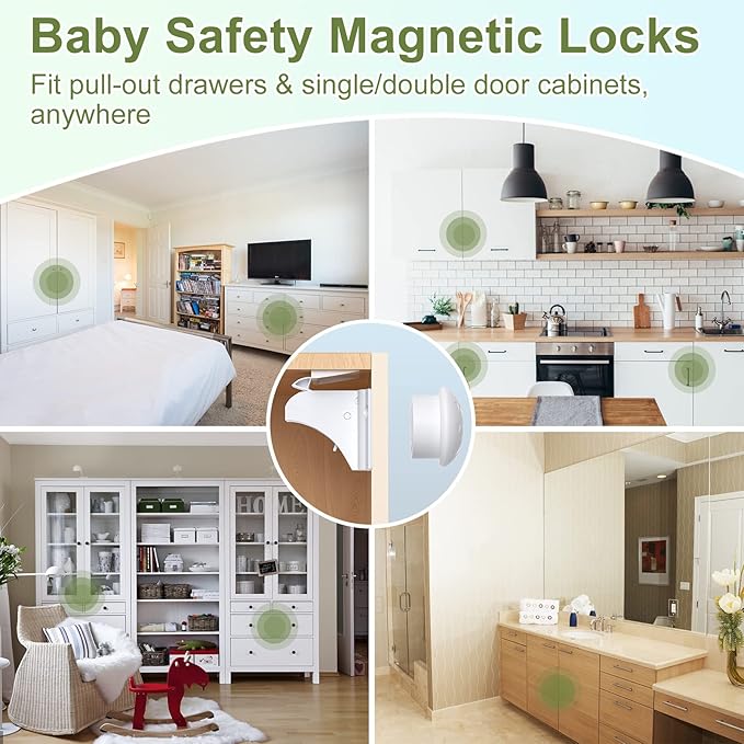 Child Safety Magnetic Cabinet Locks 6 Pack+2 Keys-AOSITE Baby Proofing Magnetic Drawer Locks for Kitchen with Adhesive No Drilling or Screws Fixed, 4 Baby Safety Cabinet Locks for Knobs