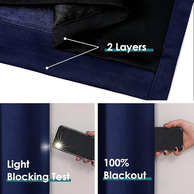ChrisDowa 100% Blackout Curtains 108 inch Long for Bedroom with Black Liner, 2 Thick Layers Total Blackout Thermal Insulated Grommet Window Curtains 2 Panels Set (Navy Blue, 52 x 108 Inch)