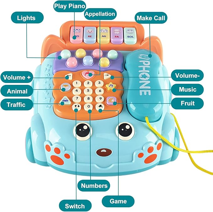 Baby Phone Toy,Baby Toy Phone Cartoon Baby Piano Music Light Toy Children Pretend PhoneToy Gift Game Boy Girl Early Education Gift Blue (18 M+)