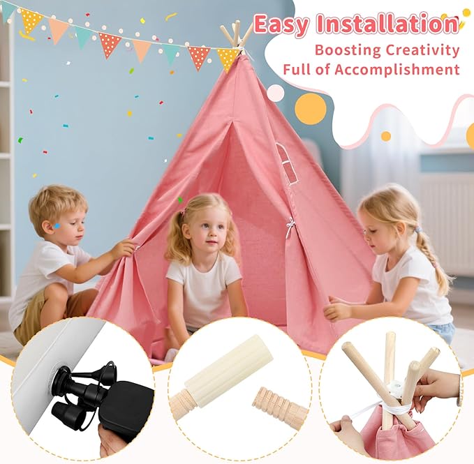 4 Pack Teepee Tent for Kids with Light String and Inflatable Airbed, Slumber Party Tents, Sleepover Tents Party for Girls Boys Indoor Outdoor (Pink)