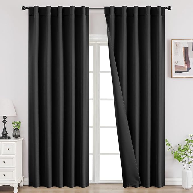 Joydeco Black Blackout Curtains 96 Inches, Thermal Insulated Long Curtains 2 Panels Set for Bedroom, Room Darkening Drapes for Living Room Window (W37 x L96 Inch, Black)