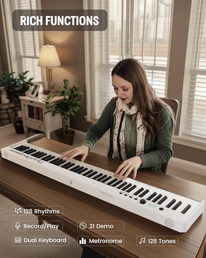 Finger Dance Folding Piano Keyboard 88 Keys, Portable Electric Keyboard with Bluetooth MIDI, Full Size Digital Piano, Wood Grain, Semi-Weighted, Touch Sensitive, with Storage Bag for Beginner