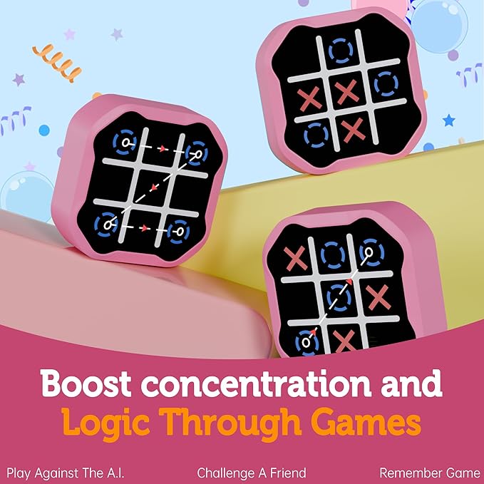 3 in 1 Electronic Tic Tac Toe Game, Handheld Digital Tic Tac Toe Bolt Game with Silent Mode, Portable Learing Toys Gift for Kids & Adults, Pink