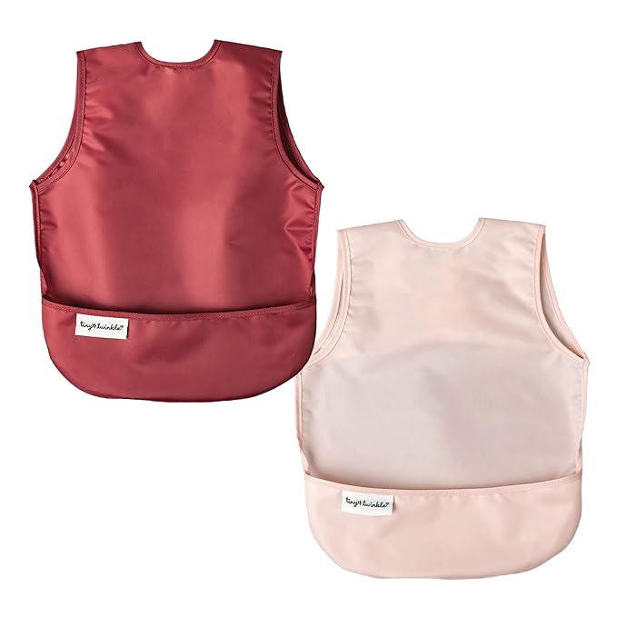Tiny Twinkle Mess Proof Apron Bibs - 2 Pack Waterproof & Lightweight Baby Bibs for Led Weaning | 100% Recycled Polyester, Easy Clean & Machine Washable (Rose Burgundy,Small 6-24 Months)
