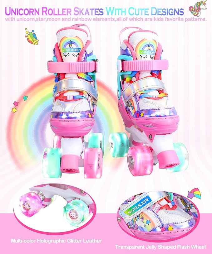 4-Pejiijar Rainbow Unicorn Kids Roller Skates for Girls Toddler Ages 2-4 5-8 8-12,Adjustable Roller Shoes with Luminous Wheels for Birthday Xmas Gifts