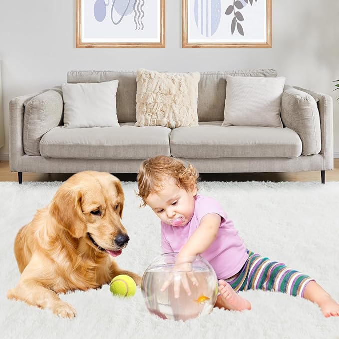 9x12 White Fluffy Plush Area Rug, Ultra Soft Bedroom Rug Indoor Carpet, Anti-Skid High Pile Luxury Rugs for Nursery, Kids Room, Playroom, Home Decoration