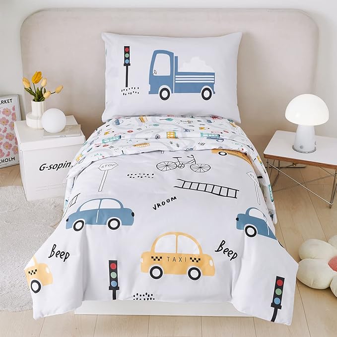 PERFEMET 4 Pcs Toddler Bedding Set - Soft Reversible Cars, Bus, Trucks Print Toddler Bed Set for Boys & Girls - Matching Sheet Set (Light Grey, Taxis/Bus/Trucks)
