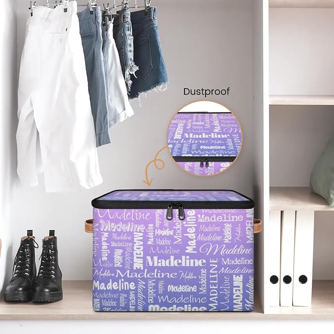 Custom Storage Basket with Name, Personalized Storage Bins with Zipper Lid, Foldable Fabric Storage Box Large capacity with Handle Purple