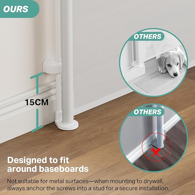 Cumbor 55" Wide Retractable Baby Gates for Stairs, Mom's Choice Award - Mesh Dog Gate for Doorways, Pet Safety Essential Fit for Baseboards, Wide Toddlers Gates for Hallways, Indoor & Outdoor, White