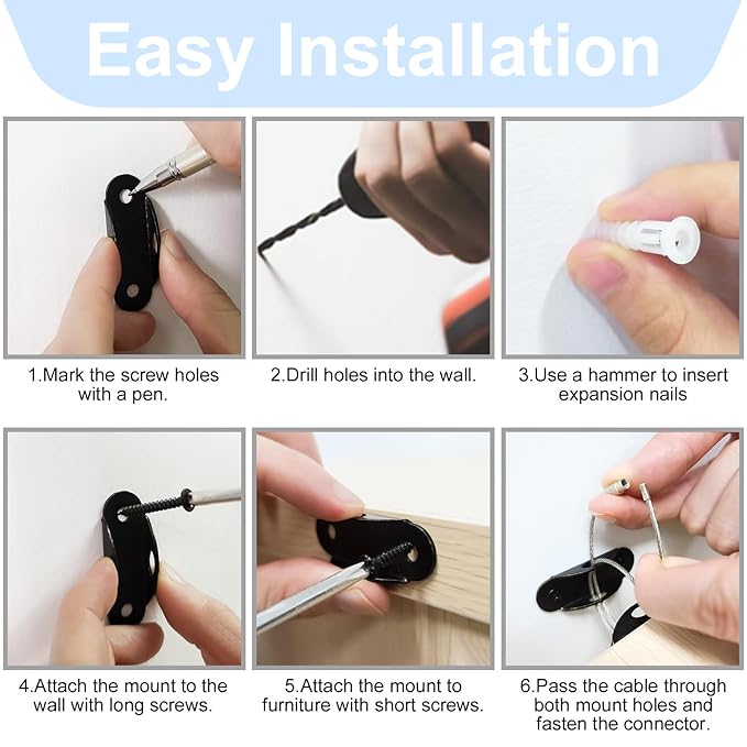 Furniture Anchors for Baby Proofing, Anti Tip Furniture Anchor Securing 420lbs Tension Earthquake Resistant Metal Furniture Wall Anchor Prevent Baby Pet from Falling Furniture（12 Pack，Black）