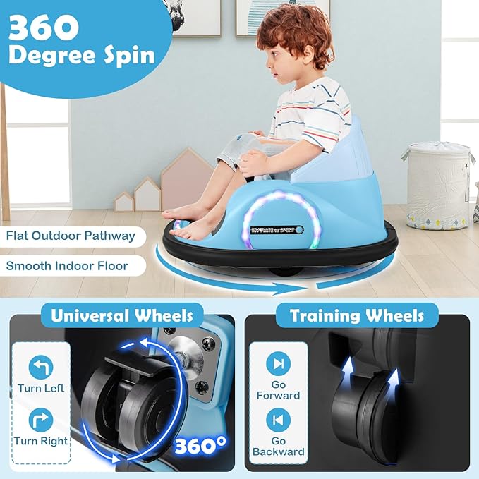 GLACER 12V Bumper Car, Electric Kids Bumper Car w/Parental Remote, 3-Speed, 360°Spin, Music, LED Light, Battery Ride on Bumper Car w/Dual Joysticks, Baby Bumper Car for Toddlers 18 Months+ (Blue)