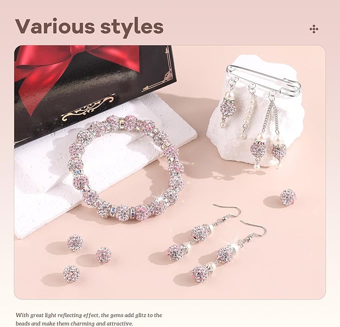 160pcs 10mm Rhinestone Beads for Jewelry Making, Pink White Shiny Round Disco Ball Beads Bulk, Sparkle Crystal Clay Christmas for Bracelet Baseball Necklace Earring Crafting and DIY