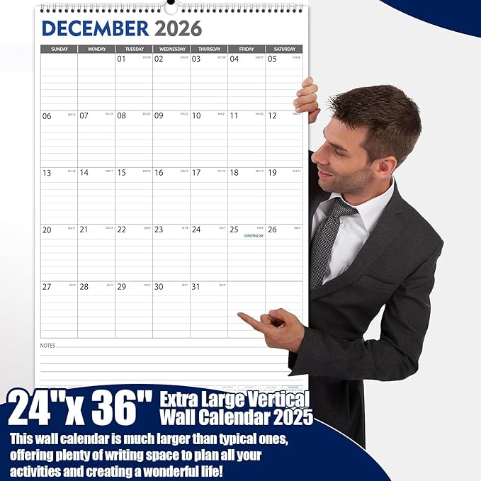 GuassLee Extra Large Wall Calendar 2025, 36"x 24" Jumbo Vertical Wall Planner 2025-2026 from June 2025 to December 2026,19 Months with Julian Dates and Notes for Office School Home Teacher Planning